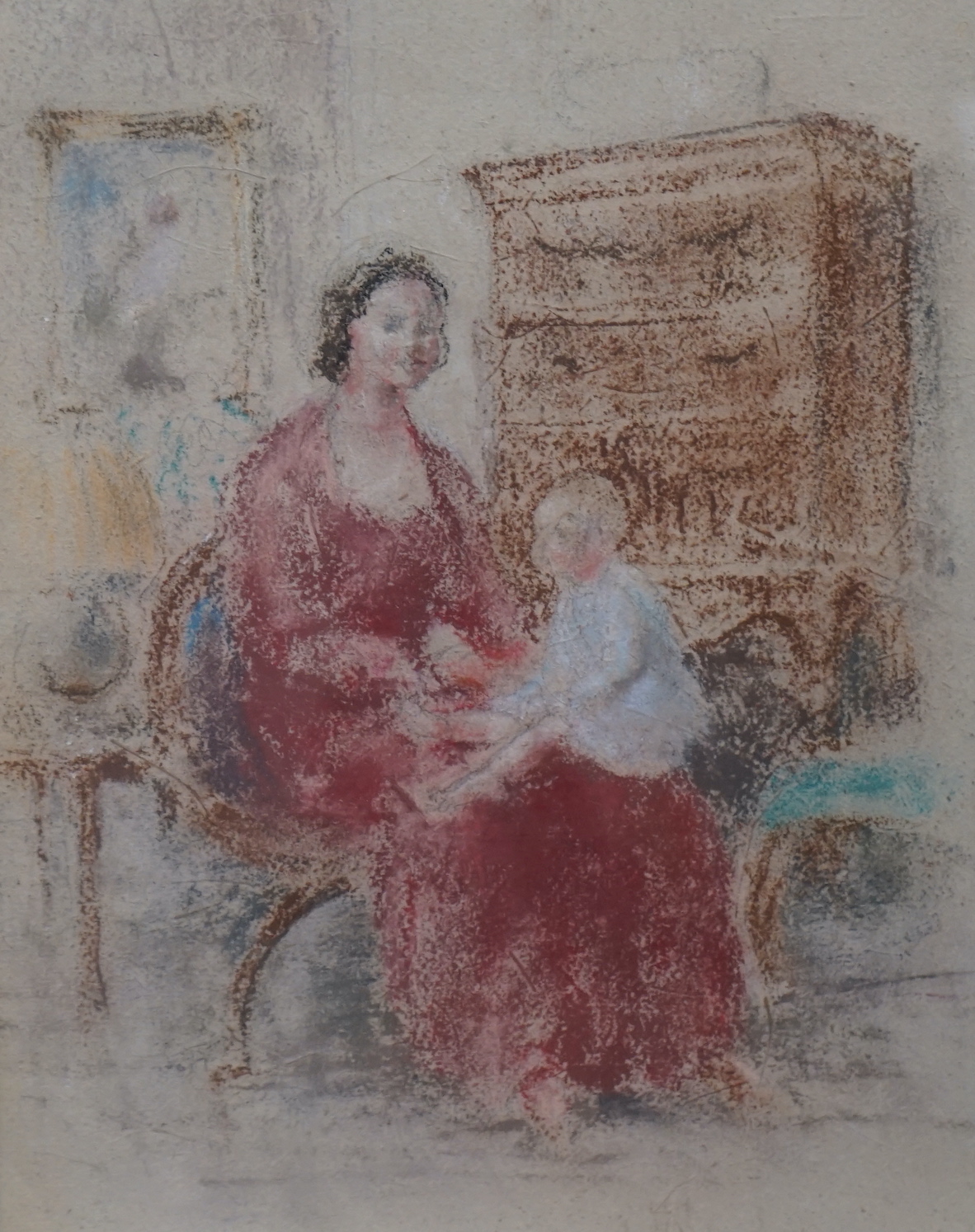 Myles Tonks RI, RBA, (1890-1960) crayon and pastel, Mother and child in an interior, details verso, 30 x 23cm